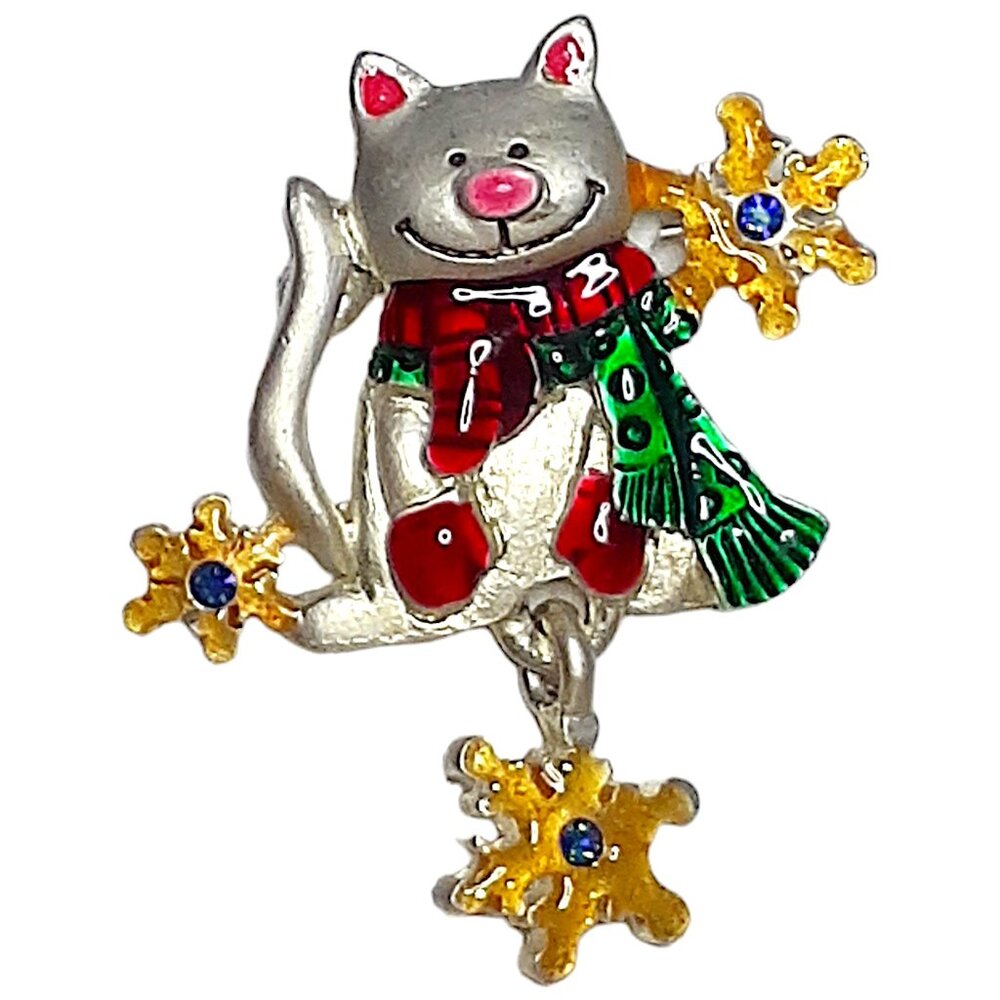 AJMC Holiday Cat Friends Pewter Toned Vintage Cat w/ Snowflakes Christmas Brooch